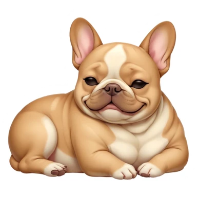 Cinematic Meme-Worthy Chubby Sleeping Fawn French Bulldog Portrait Emoji, Head resting peacefully with a contented smile, showcasing a delightfully chubby build and a luxuriously soft fawn coat, eyes shut in a serene nap, Simplified yet hilariously adorable features, highly detailed, glowing with a soft, drowsy light, high shine, relaxed and utterly lovable, stylized with an air of playful laziness, bright and heartwarming, soft glowing outline, capturing the essence of a comically sleepy companion, so meme-worthy it feels like it could instantly become the next viral sensation of adorable slumber! sticker