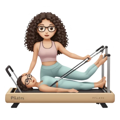 Memoji-style girl with long dark brown curly hair, round glasses, large brown eyes, soft rounded face,makeup, warm beige skin tone, wearing Pilates activewear performing Pilates and reformer Pilates exercises on a reformer machine, pastel color palette, smooth soft shading sticker