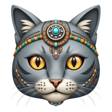 cat, wear tribal shaman cloth, half face robot sticker