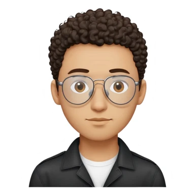 Man with small face and prominent forehead, teardrop-shaped aviator glasses, totally shaved sides with very minimal dark curly hair only on top, light brown complexion, gentle expression, black button-up shirt sticker