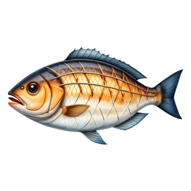 Cinematic Realistic Gradele (Grilled Fish) Dish Emoji, depicted as perfectly grilled fish with a smoky, charred finish rendered with lifelike detail and appetizing, natural lighting. sticker