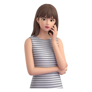 emoji-style cartoon of a fashionable woman wearing a sleeveless grey-and-white striped dress, straight medium brown hair with bangs, gently touching her face, neutral or confident look, compact proportions, colorful and smooth, minimal background sticker