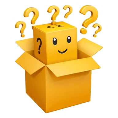 white box printed with q&a over stuffed with yellow question marks sticker