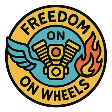 circular motorcycle cap design with the English phrase 'Freedom on Wheels', featuring motorcycle motifs like motor, wing, flame, freedom style sticker