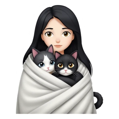 A girl with fair skin and long black hair wrapped in a blanket hugging a black and white cat sticker
