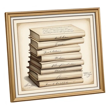 Icon for Autograph Collecting: several vintage framed with signatures of famous celebrities sheets stacked one on top of the other, each . The icon should evoke the charm and history of collecting autographs. Transparent background. sticker