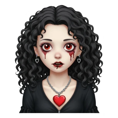 a zombie girl with a scar on her face, long curly hair, wearing a black blouse and a silver necklace with a heart pendant. sticker