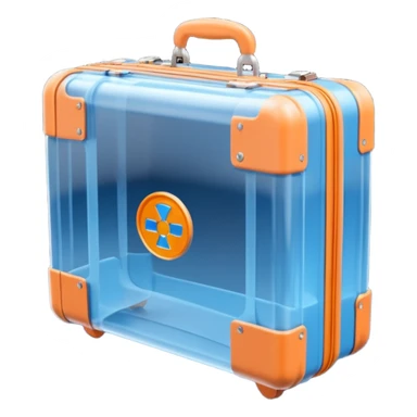 3D render of Suitcase Scan, X-Ray imaging aesthetic, translucent materials showing internal structure, orange and blue airport security style scan of a bag, medical scan style, emoji style, isolated on white background --v 6.0. sticker