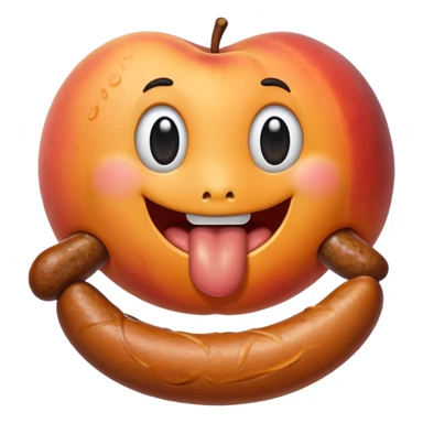 A peach with handmarks with a big bratwurst in his mouth sticker