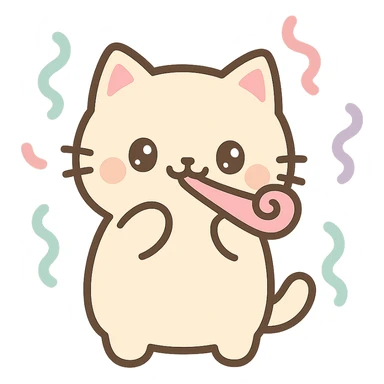 a happy cat with a party horn and streamers, cute kawaii style sticker