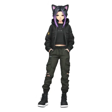 Edgy cool shy beautiful pretty anime punk tomboy with cat ears techwear cargo pants hoodie sticker