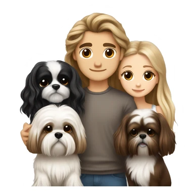 A couple, one very beautiful white  girl with very long volume hair brown and blond and one white boy with perfect brown hair that hugs her and also hugs two little dogs shih tzu black and white sticker