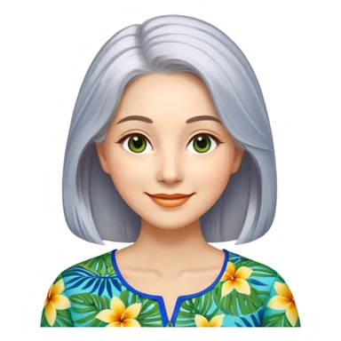 A woman with light complexion, an oval face with soft rounded features, full cheeks, gentle almond-shaped eyes with subtle smile lines, very long silver-gray hair parted to the side and styled loosely, wearing a vibrant tropical print blouse in blue, green, and yellow, exuding warmth and joy sticker