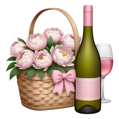 White Picnic basket with light pink bow and white peonies and a pink wine bottle inside sticker