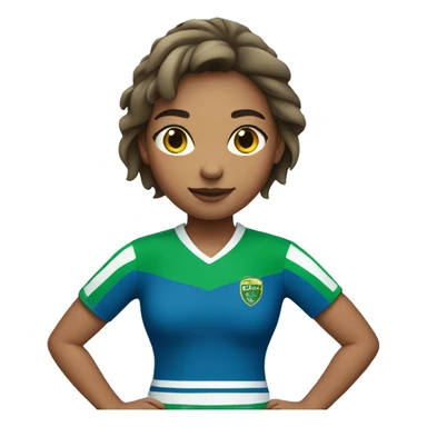 Girl wearing blue rugby sweater with two green stripes at the bottom sticker