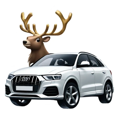 A sleek white Audi Q3 with shiny rims and modern headlights, parked in a snowy setting with a reindeer standing beside it, wearing a red collar with golden bells. sticker