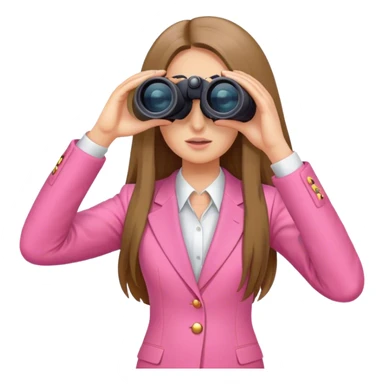 woman with long hair in a pink suit looking through binoculars, front view sticker