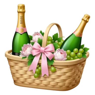 White Picnic basket with light pink bow, white peonies, grapes and one pink champage bottle inside sticker