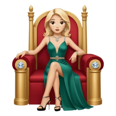Lilith symbol light brown eyes. Woman of justice and power. Shoulder  length blonde haired  woman with Gucci, and designer bags next to her. Wearing long elegant dress with slit, sitting on a throne and diamonds everywhere around her. Black Platform high heels on feet. designer bags around her.  sticker