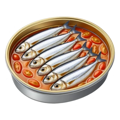open oval tin showing tightly packed whole sardines in shiny silver skin, slightly overlapping and nestled in golden oil or tomato sauce, clean outlines, glossy preserved texture, no fork, garnish, or label, just the open tin and contents, soft lighting, subtle shadows, emoji scale sticker