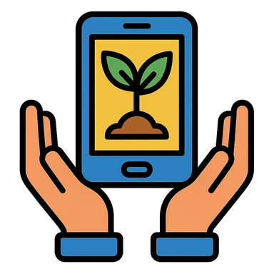 hands holding a sprouting plant growing from a smartphone, representing an ebook as a digital seed, iconic, clean, modern style sticker