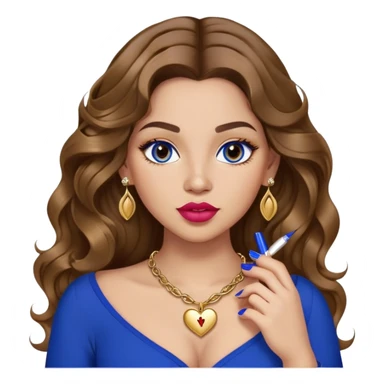 Light skinned girl, long wavy brown hair center-part with face framing pieces, big hazel eyes, gold heart necklace and earrings, royal blue long sleeve top, prominent blush, sassy, big lips, fancy long acrylic nails done, holding lipstick. She is curvy sticker
