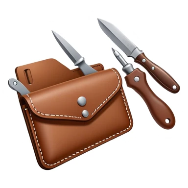 Leatherworking icon, raw leather being crafted into a leather wallet or belt, professional tools like stitching awl, rotary cutter, mallet, pricking iron, minimalistic style, clean lines, transparent background. sticker