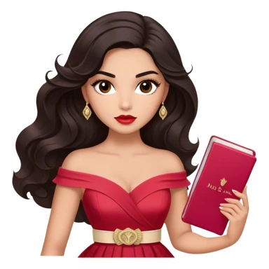 A woman with lighter almond-toned skin, voluminous dark hair in waves, expressive eyes with soft lashes and shimmer, full lips with a glossy nude-pink color, wearing a red dress and a white crossbody sash with “Miss San Juan” in black letters, exuding elegance and confidence. sticker