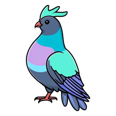 Nicobar pigeon with colorful iridescent feathers, long neck and distinctive white tail sticker