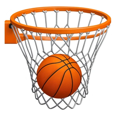 Simple orange basketball with NBA logo caught in basketball net from below perspective, iOS emoji style sticker