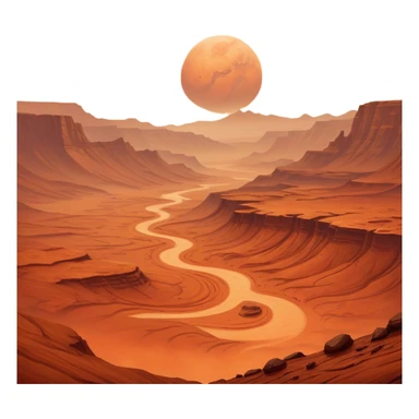 Cinematic Realistic Mars, portrayed with rugged, rust-colored landscapes, deep canyons, and swirling dust storms rendered with lifelike texture and an orange-hued glow that evokes the enigmatic allure of the Red Planet. sticker
