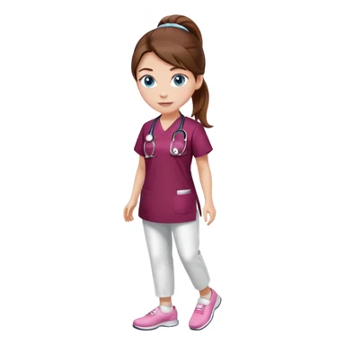 Nurse with brown hair and blue eyes, wearing hair into a ponytail, blue eyes, burgundy tunic, white pants, pink shoes sticker