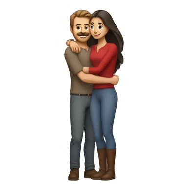 A taller Indian woman with long hair and tight fitting gray colored clothes (darker tights) hugs a shorter white man with a red shirt and brown hair. The woman is taller than the man sticker