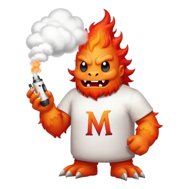 A fire monster wearing a white t shirt with the letter "M" and a vape in his hand blowing smoke sticker