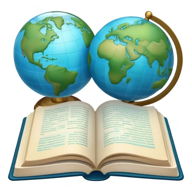 Create an emoji representing language translation. The design should feature just one globe in the background, symbolizing international communication. In front of the globe, place two opened books with texts on them and a pen nearby to indicate the act of writing. Use a clean and professional color palette with blues, greens, and neutral tones. Make the background transparent. sticker