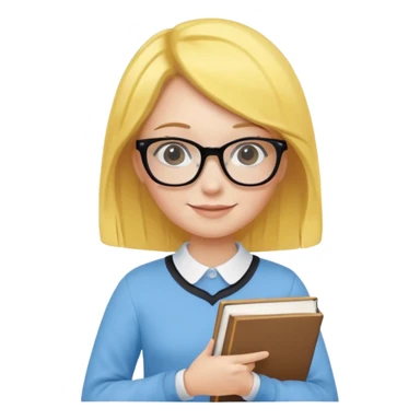 A smart and cute girl with yellow bobbed hair, wearing sky blue clothes,
I hold a book in one arm. There is a pen in the book.
He is wearing black-rimmed glasses and smiling brightly. sticker
