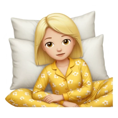 woman with blond hair in yellow pajamas, waking up on a white pillow, classic iOS emoji style sticker