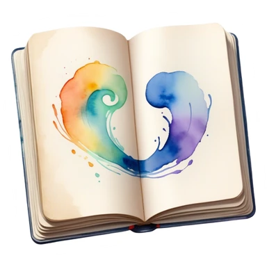 Cinematic Realistic image of an open sketchbook accompanied by a set of translucent watercolors, with delicate pigment stains and soft, flowing brushstrokes, captured under gentle, diffused lighting that highlights creative fluidity sticker