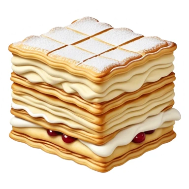 Cinematic Realistic Mille-Feuille Dessert Emoji, depicted as layered puff pastry with rich cream and a dusting of powdered sugar rendered with intricate textures and elegant, soft lighting. sticker