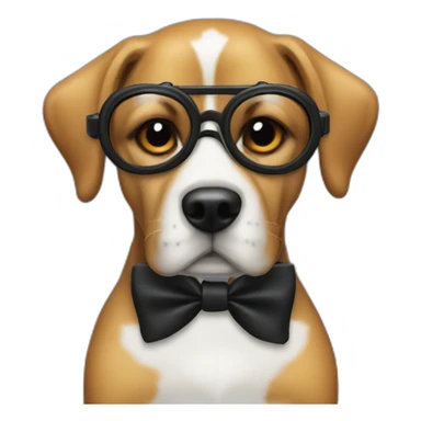 Dog with black suit, goggles and a bow tie sticker