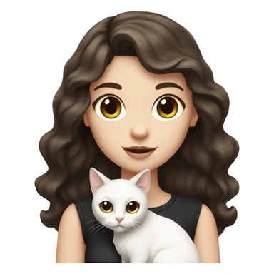 white girl with dark brown wavy hair and black eyes holding white cat sticker
