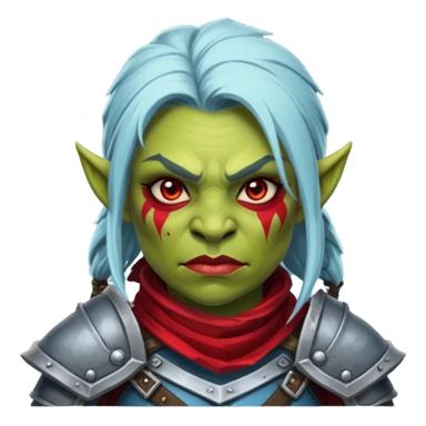 Fantasy Christmas orc legion soldier icon, iron tundra army theme, heavy winter armor, disciplined brutal look, dark icy steel armor with bold crimson cloth and markings, cold blue shadows, high contrast, clean emoji portrait style, female variant sticker