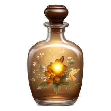 Brown magic fairy light sparkling old Antique oil perfume bottle with herbal and flowers sticker