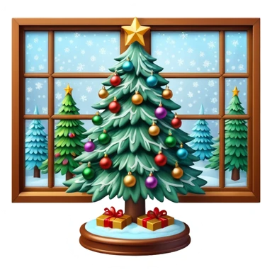 3D rendering realistic still life ultra detailed, christmas tree lit up by a frosty window sticker
