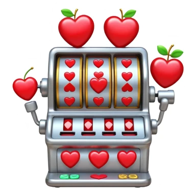 A 3D cartoon slot machine showing hearts and cherries, shiny metallic finish, Memoji-style realism. sticker