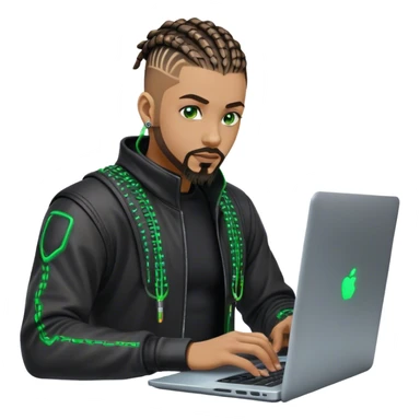 Light skinned African American male with green eyes as a cyberpunk hacker with cornrows hairstyle but short cornrows  with goatee facial hair  no beard hacking/coding on laptop  sticker