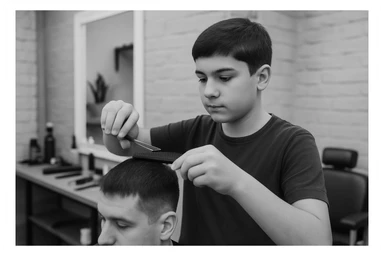 shu odamni sartaroshxonada mijozlarni sochini olayotganin  tasvirlab ber juda yosh ham katta ham bo'lmasin semiz ham bo'lib ketmasin o'smirin davrini sticker