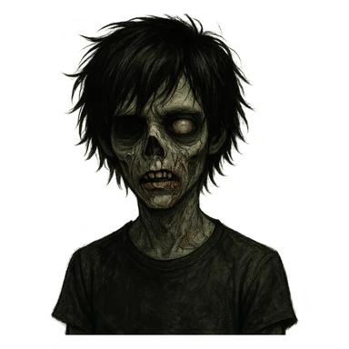 zombie boy with messy black hair, emo style, medium length, eerie and unsettling look sticker