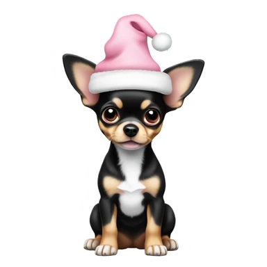 black & tan chihuahua puppy full body light blue eyes pink christmas hat on sticker
