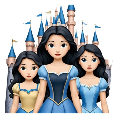 Quiero que crees una imagen donde este el castillo de Disney y por detrás o delante pon a 4 chicas: una con el pelo largo rizado marrón , otra con el pelo muy corto negro, como un chico, otra con el pelo mediano liso marrón con ojos azulesy otra con el pelo negro largo liso . Todos son color carne.  sticker